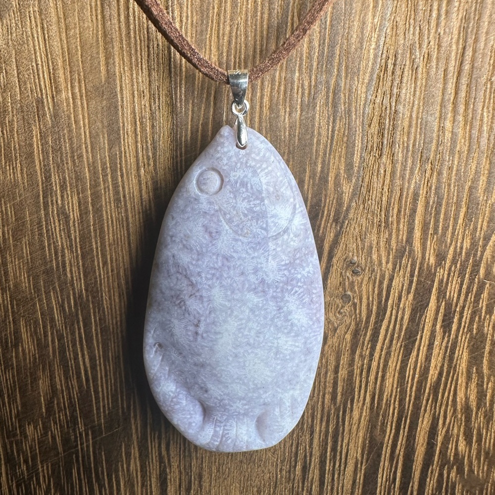 Ice Purple Coral Fossil Jade Fish Pendant Necklace on Brown Faux Suede - Picture 9 of 16